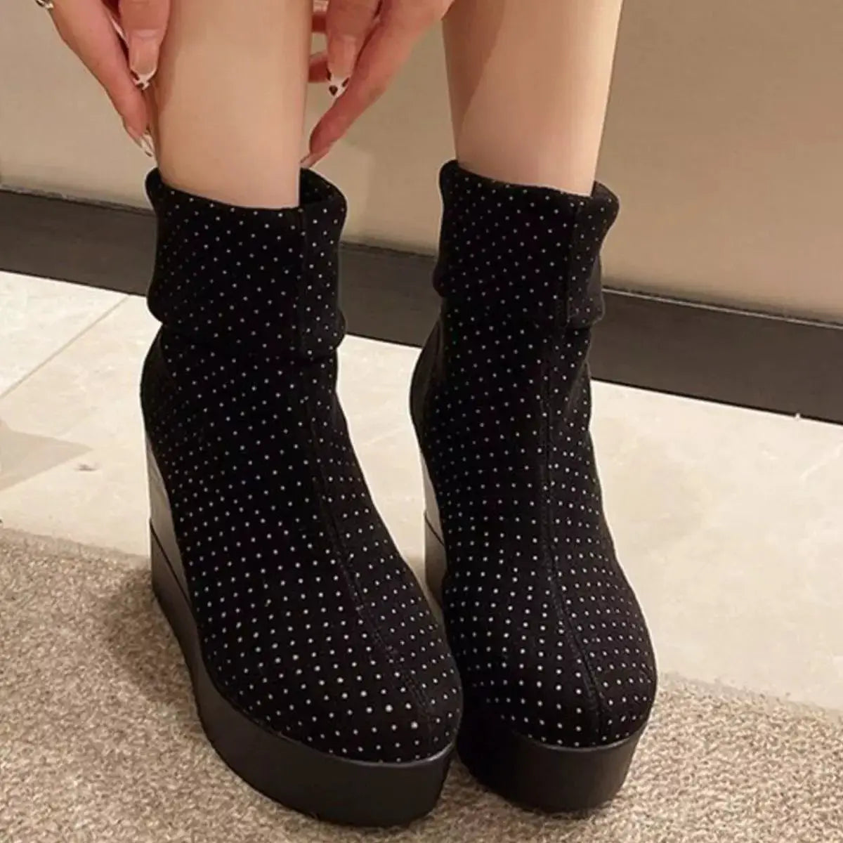 Round Toe Wedge Boots by Trendsi