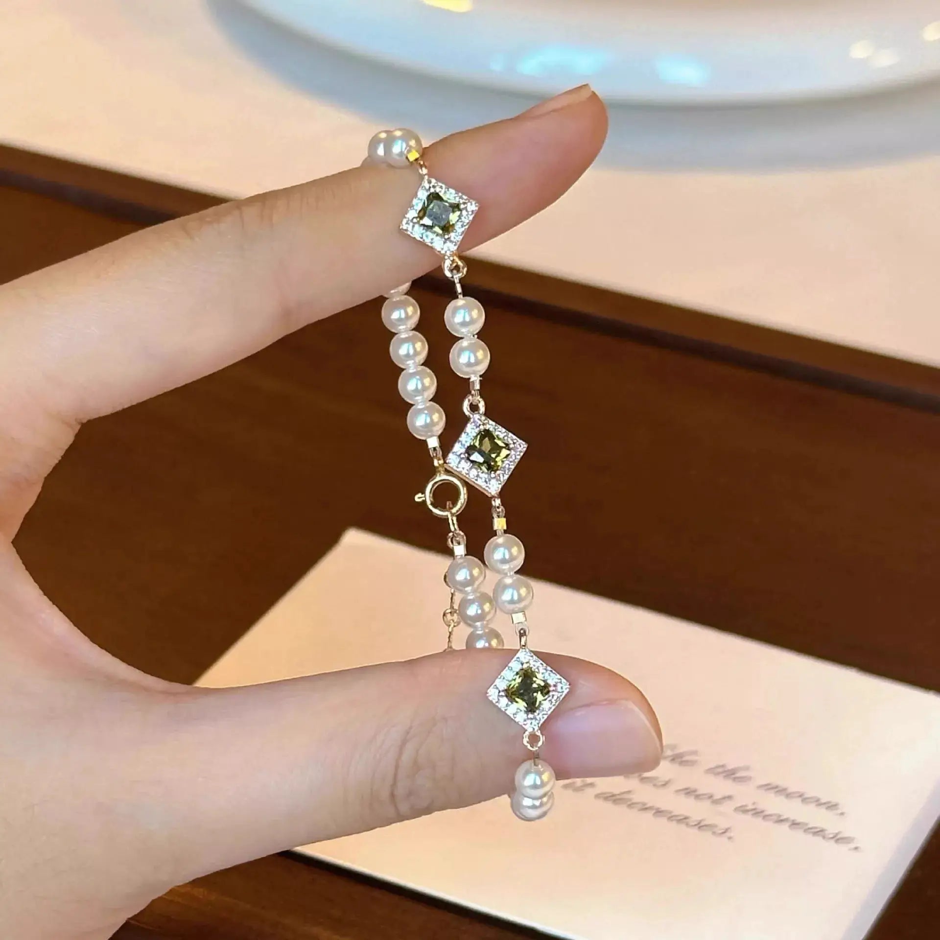 Pearl Zircon Chain Geometric Bracelet by Trendsi