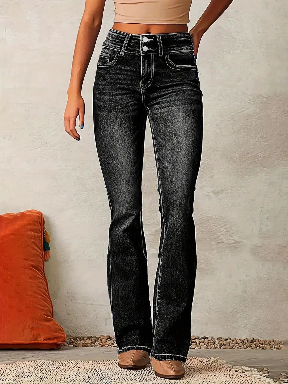 Cat Whisker Washed Bootcut Jeans by Trendsi