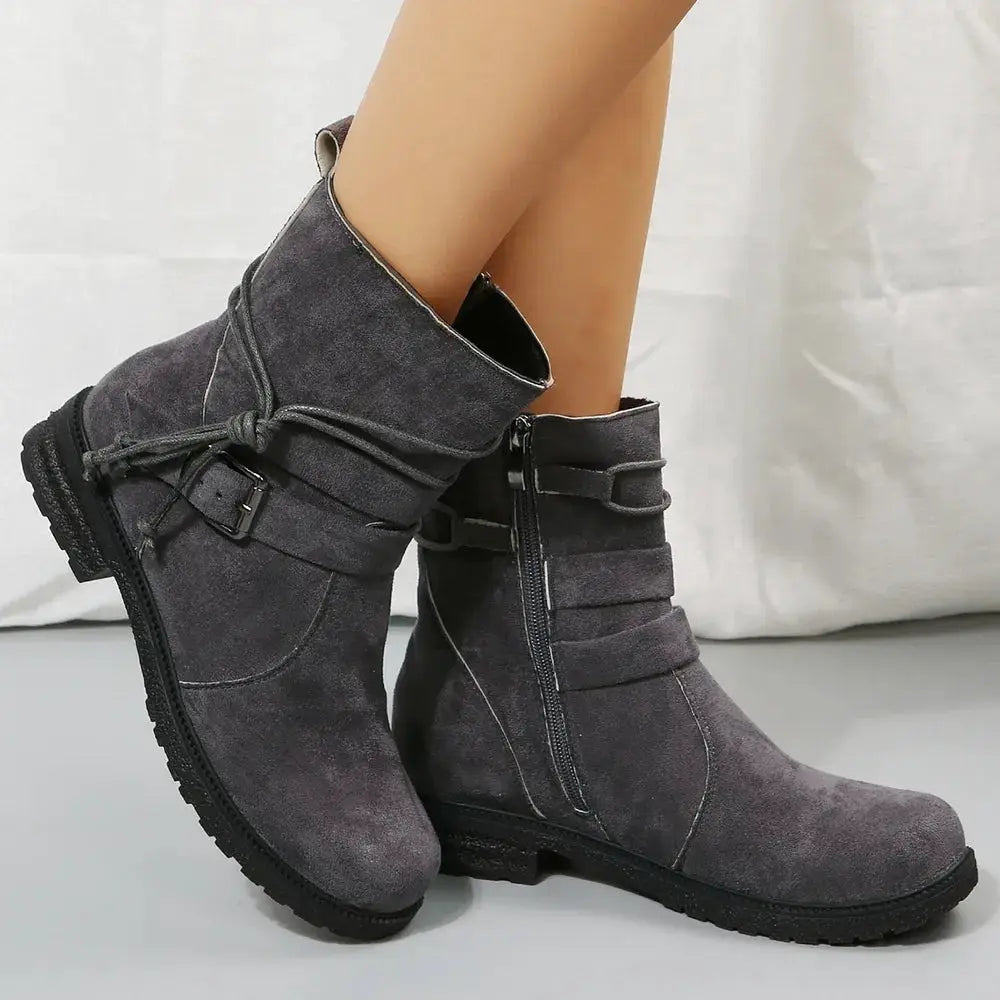 Suede Side Zip Round Toe Boots by Trendsi