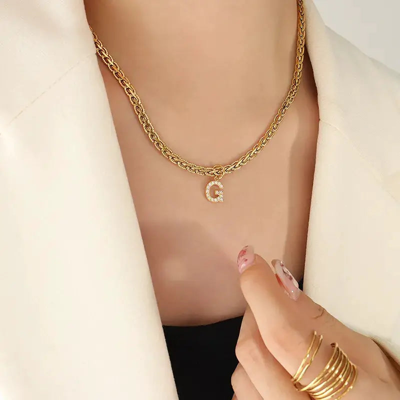 Brass Inlaid Zircon Letter Pendant Necklace by Trendsi
