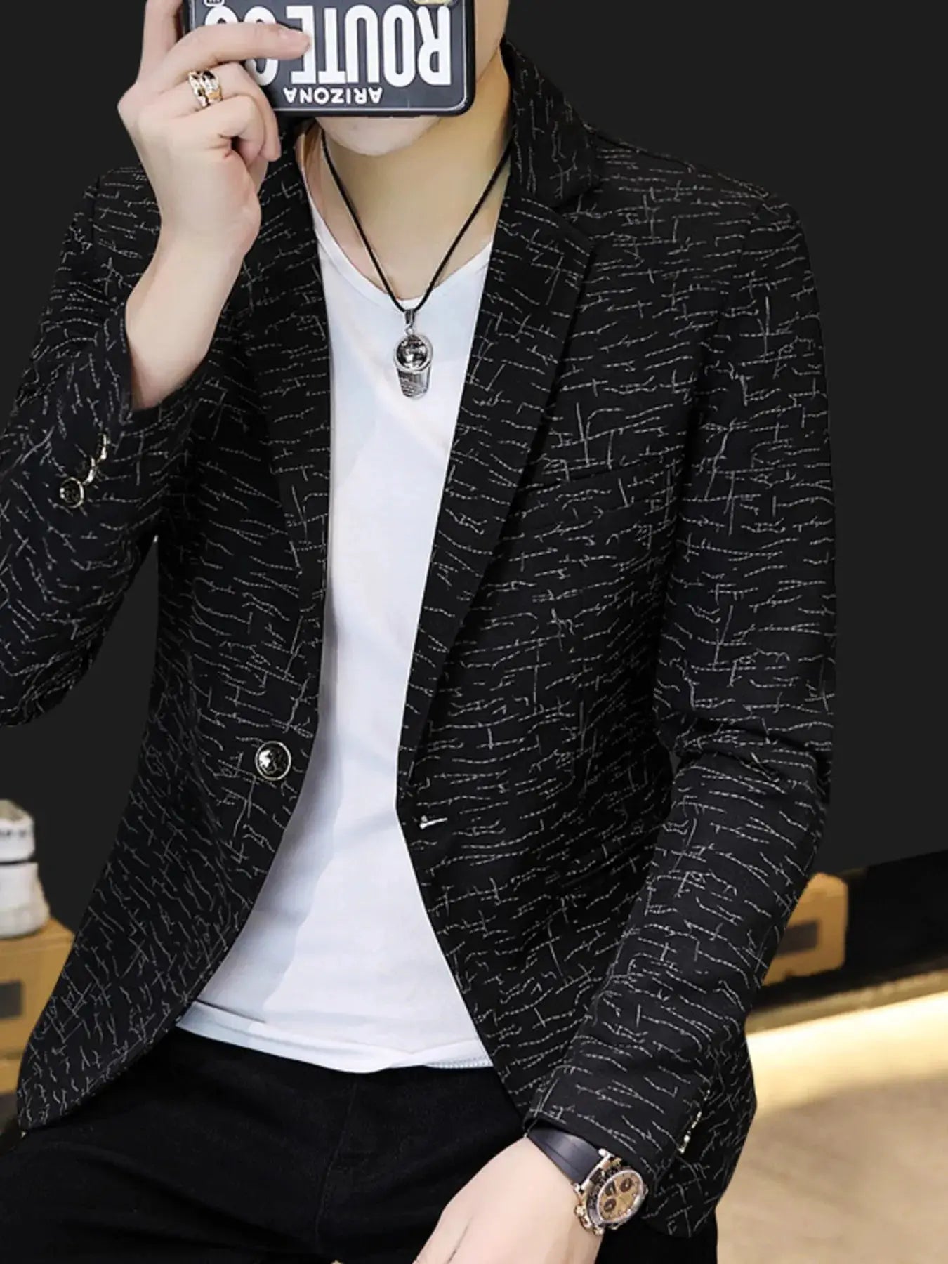Men's Plus Size Abstract Patterned Slim Fit Blazer by Trendsi