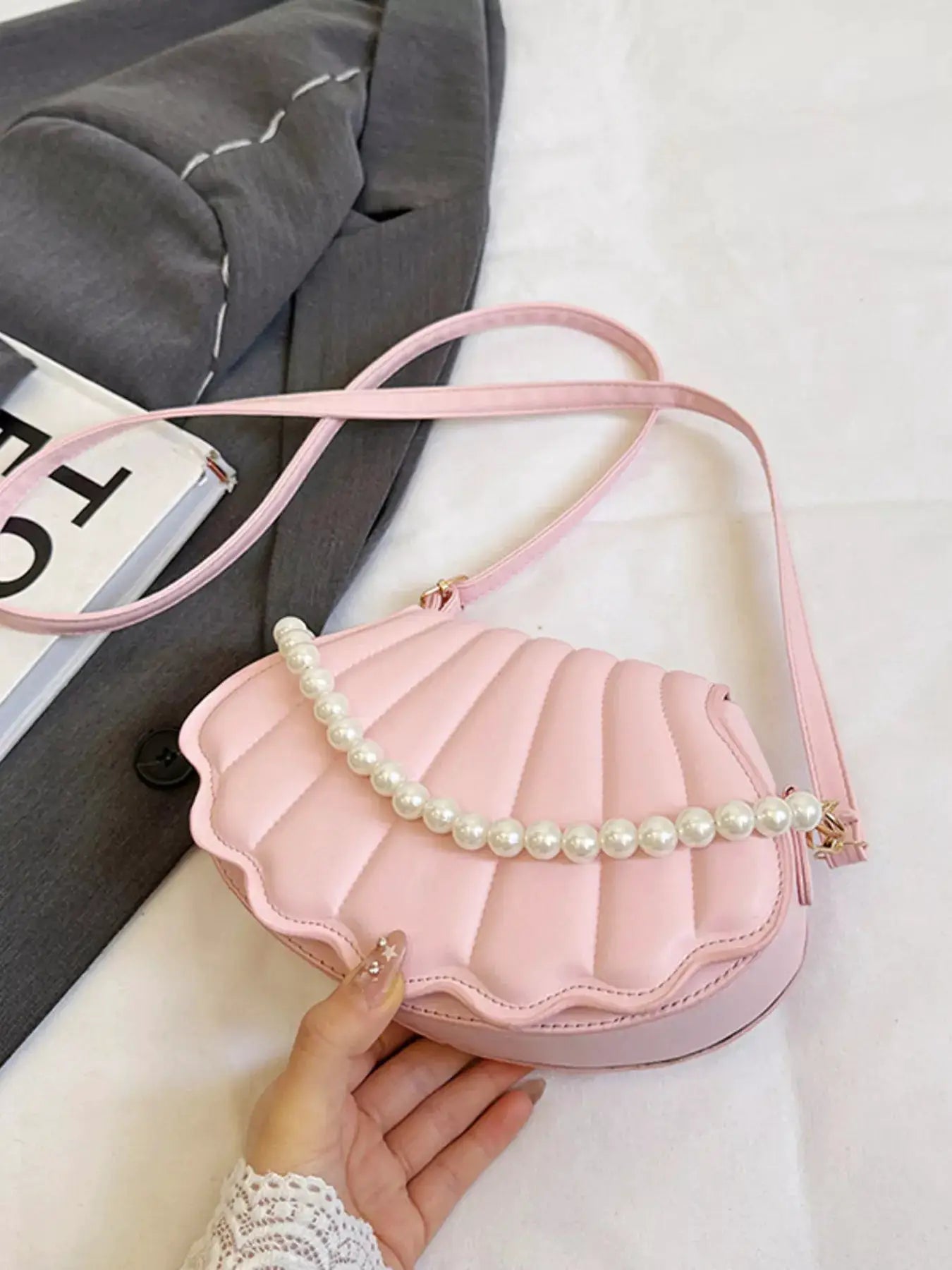 Shell-Shaped Pearl Decor Crossbody Bag by Trendsi