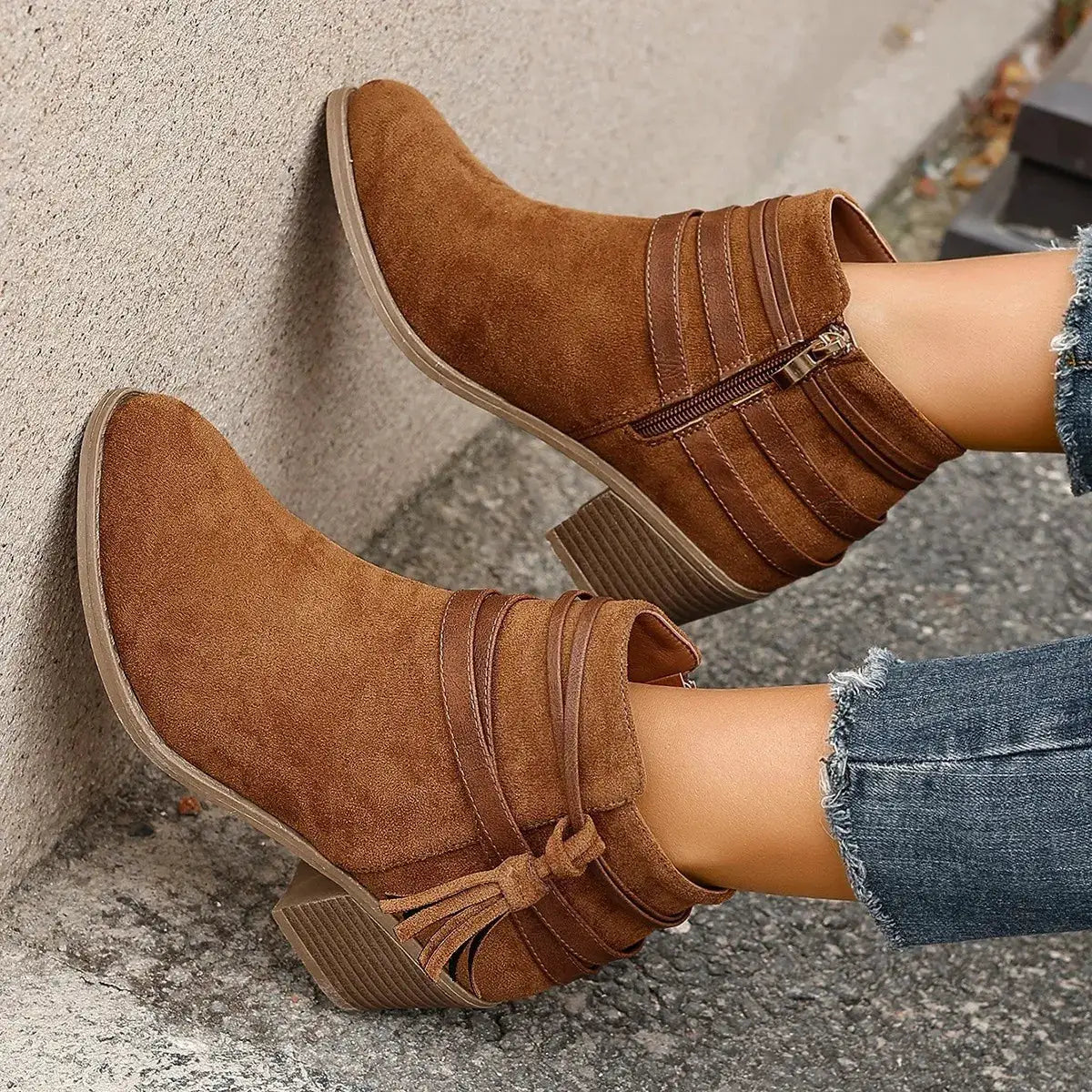 Tassel Point Toe Block Heels Boots by Trendsi