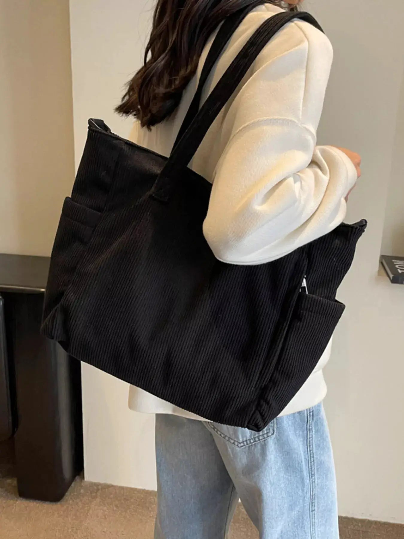 Corduroy Solid Color Handbag by Trendsi