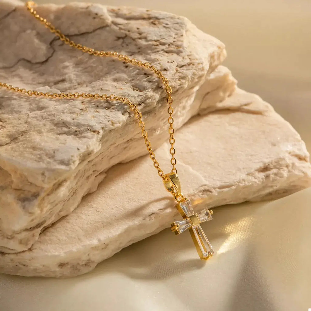 18K Gold-Plated Stainless Steel Zircon Cross Necklace by Trendsi