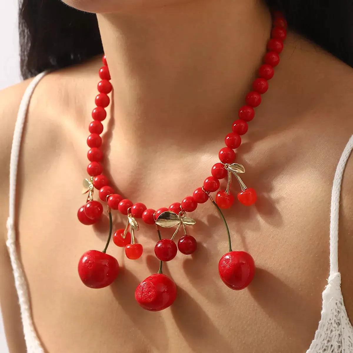 Cherry Charm Beaded Statement Necklace by Trendsi