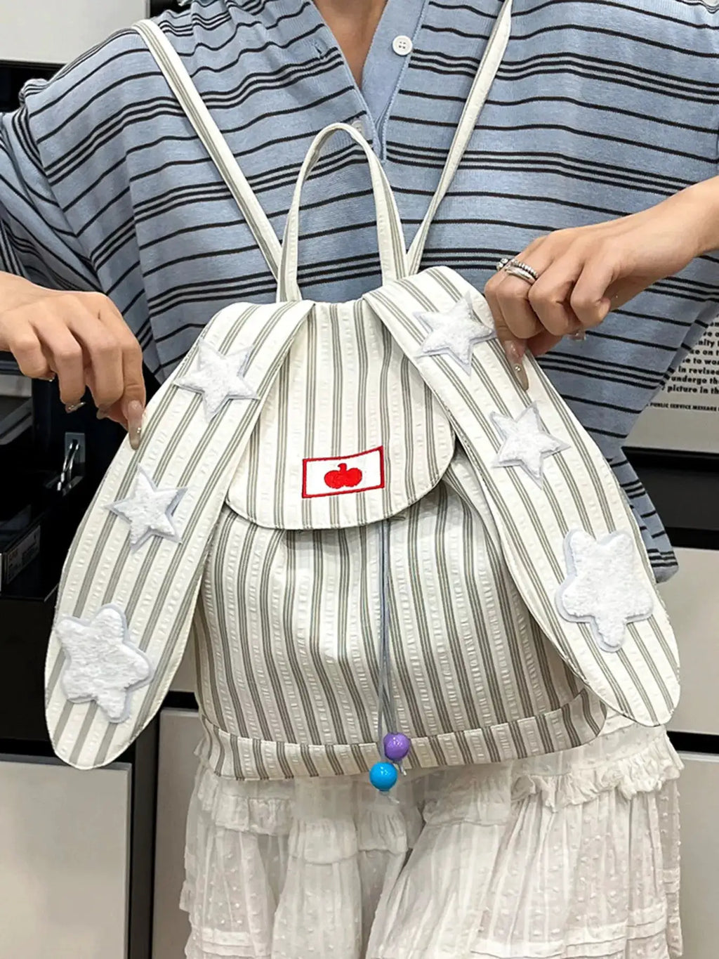 Striped Star Bunny Ear Backpack Bag by Trendsi