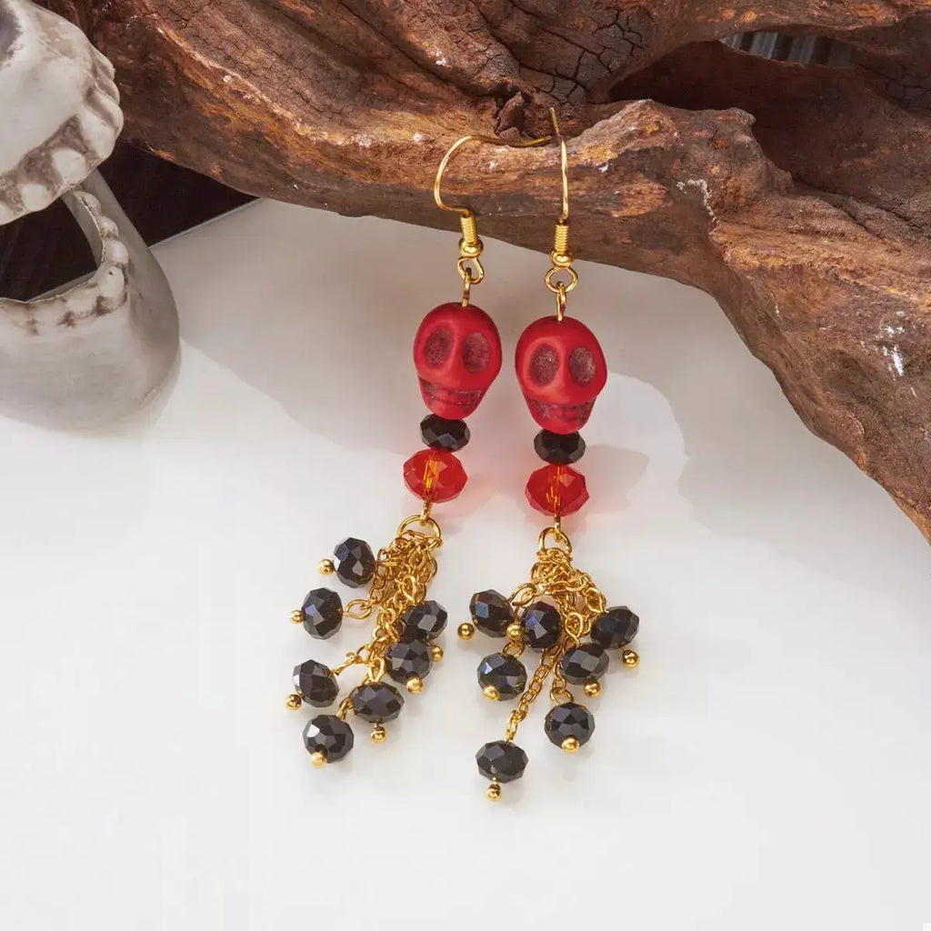 Halloween Skull Beaded Drop Earrings by Trendsi