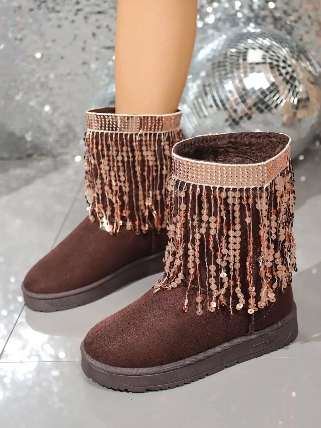 Sequin Fringe Suede Winter Boots by Trendsi
