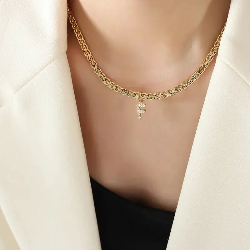 Brass Inlaid Zircon Letter Pendant Necklace by Trendsi