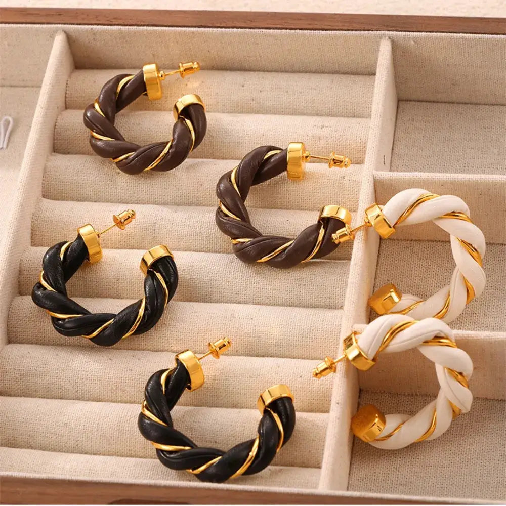 Twisted Leather Rope C-Hoop Earrings by Trendsi