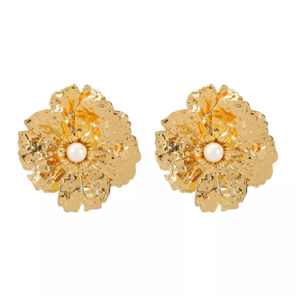 Gold Textured Flower Pearl Center Statement Earrings by Trendsi