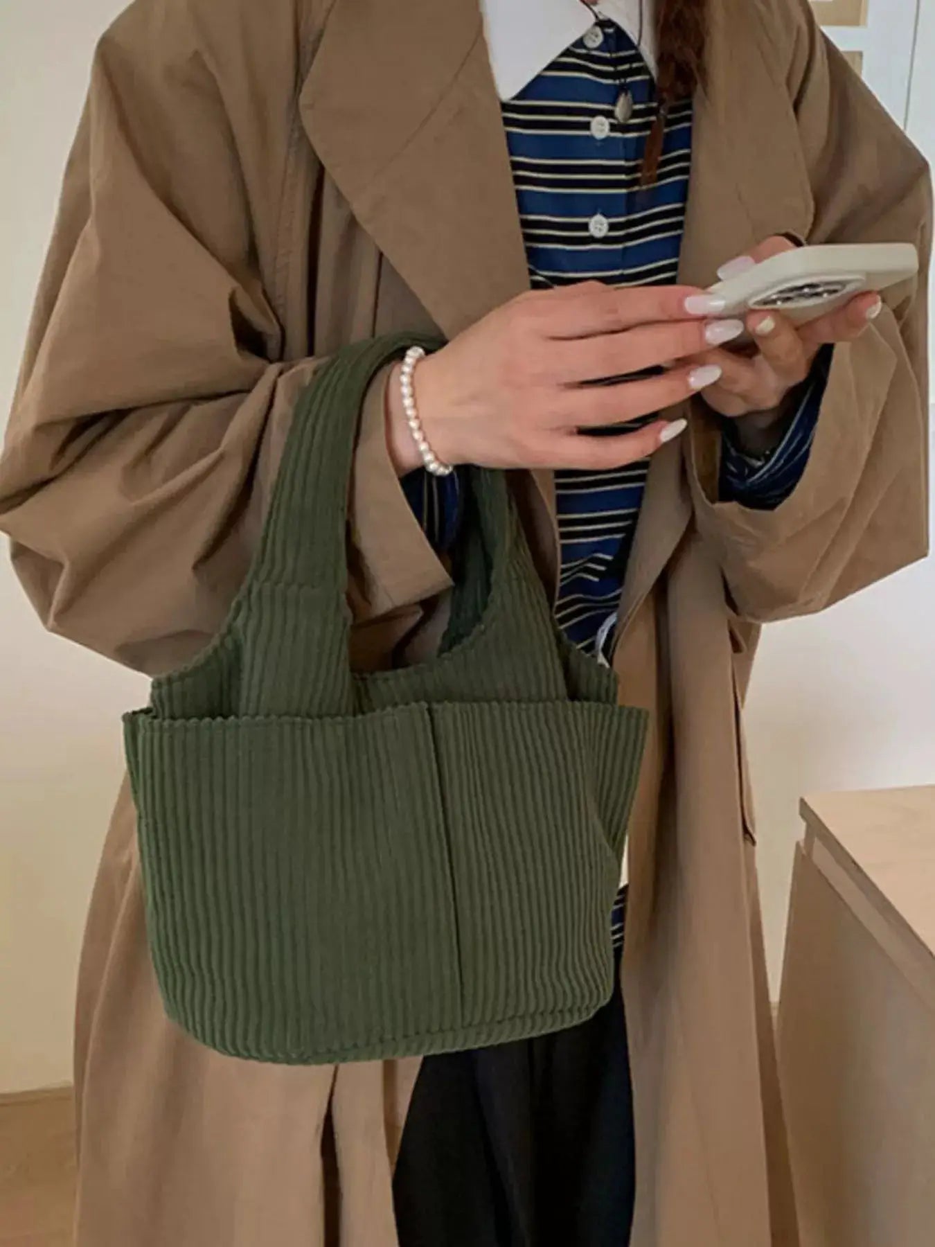 Corduroy Solid Color Handbag by Trendsi