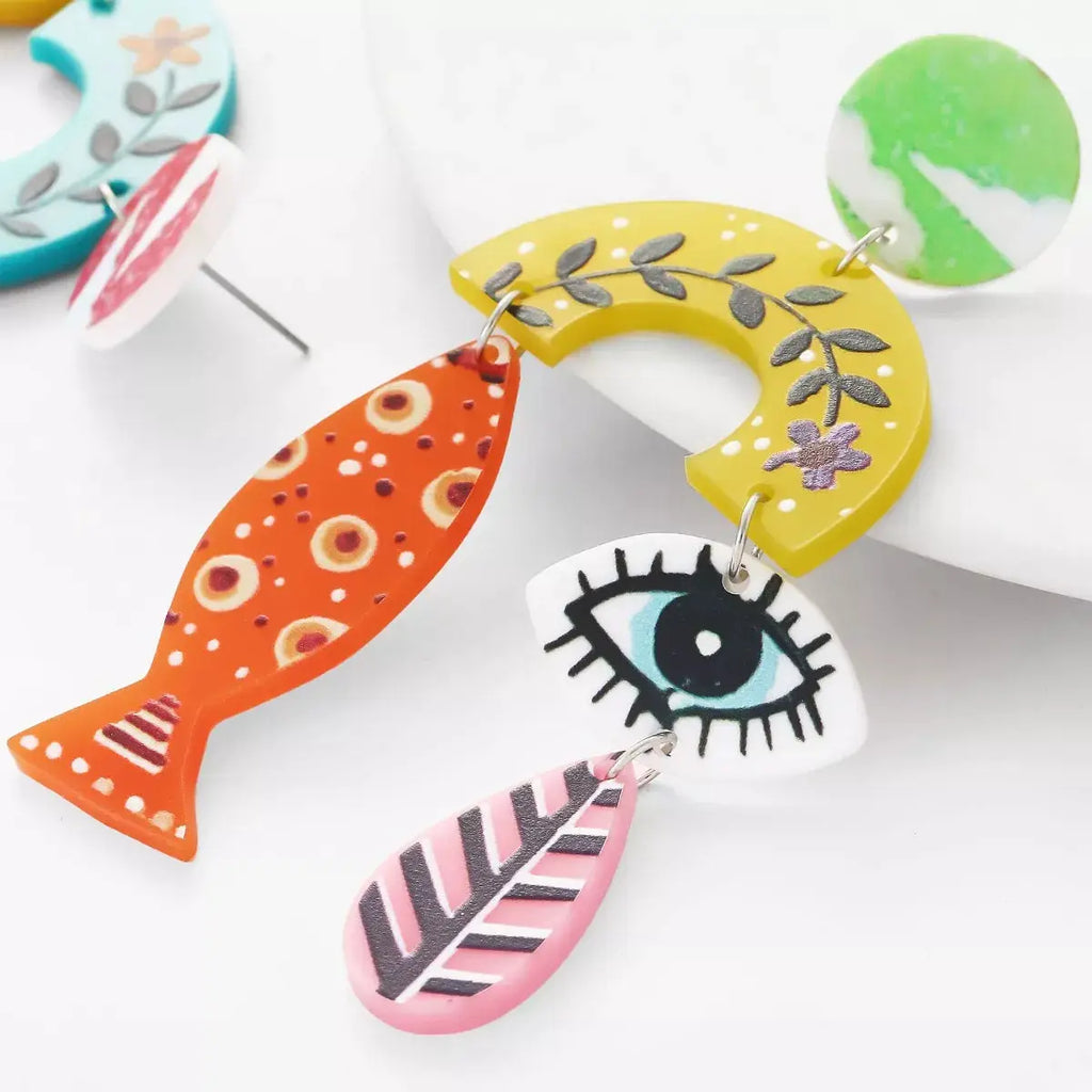Evil Eye & Fish Dangle Earrings by Trendsi