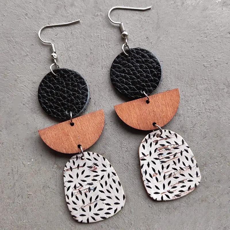 Leather & Wood Drop Earrings by Trendsi