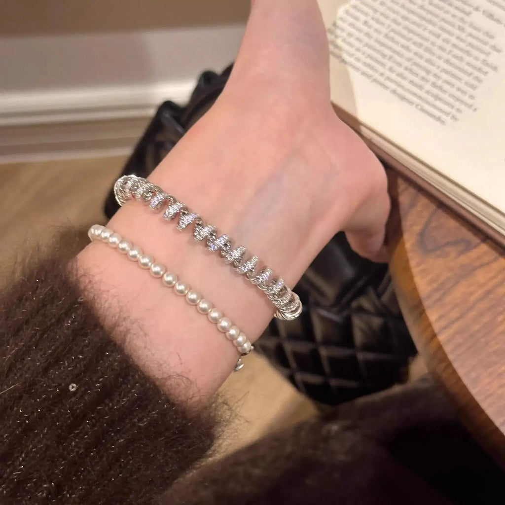 Alloy Zircon Silver-Plated Coil Bracelet by Trendsi