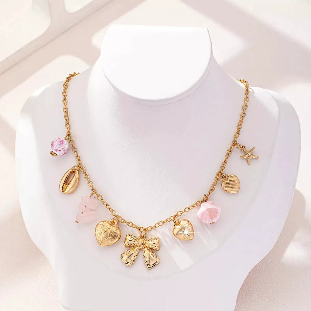 Heart and Butterfly Bow Ocean Multi-Pendant Necklace by Trendsi