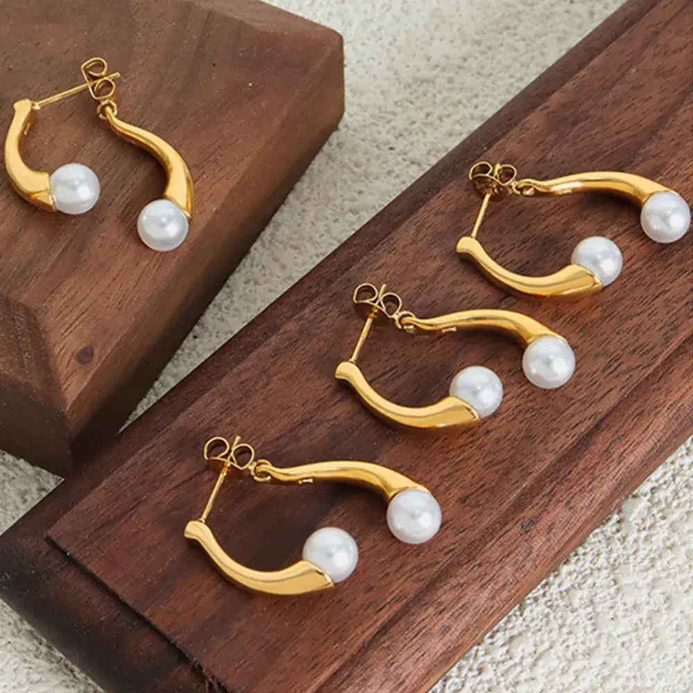 Synthetic Pearl Asymmetrical Titanium Steel Earrings by Trendsi