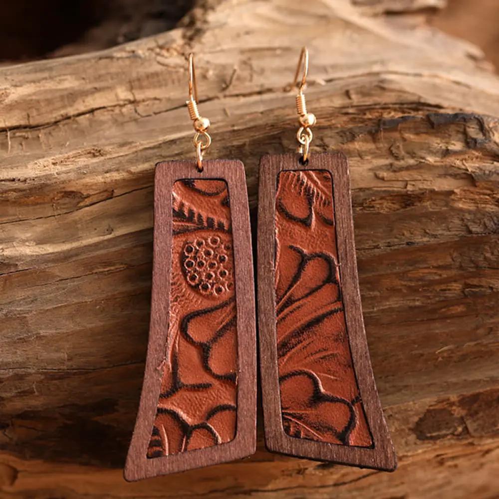 Geometrical Shape Wooden Dangle Earrings by Trendsi