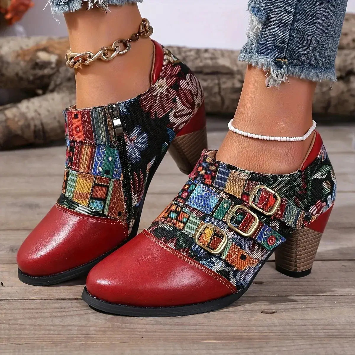 Vintage Bohemian Patchwork Ankle Boots by Trendsi