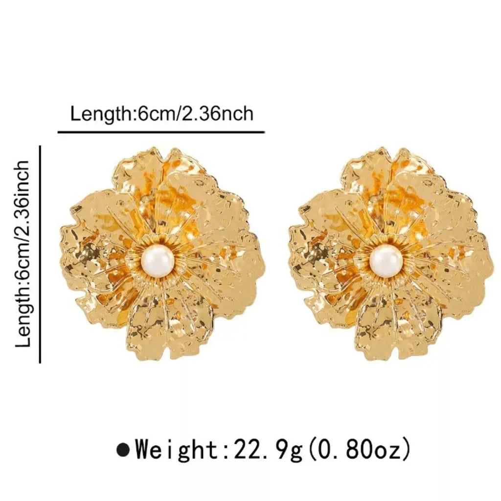 Gold Textured Flower Pearl Center Statement Earrings by Trendsi
