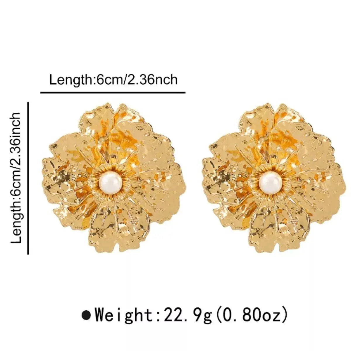 Gold Textured Flower Pearl Center Statement Earrings by Trendsi