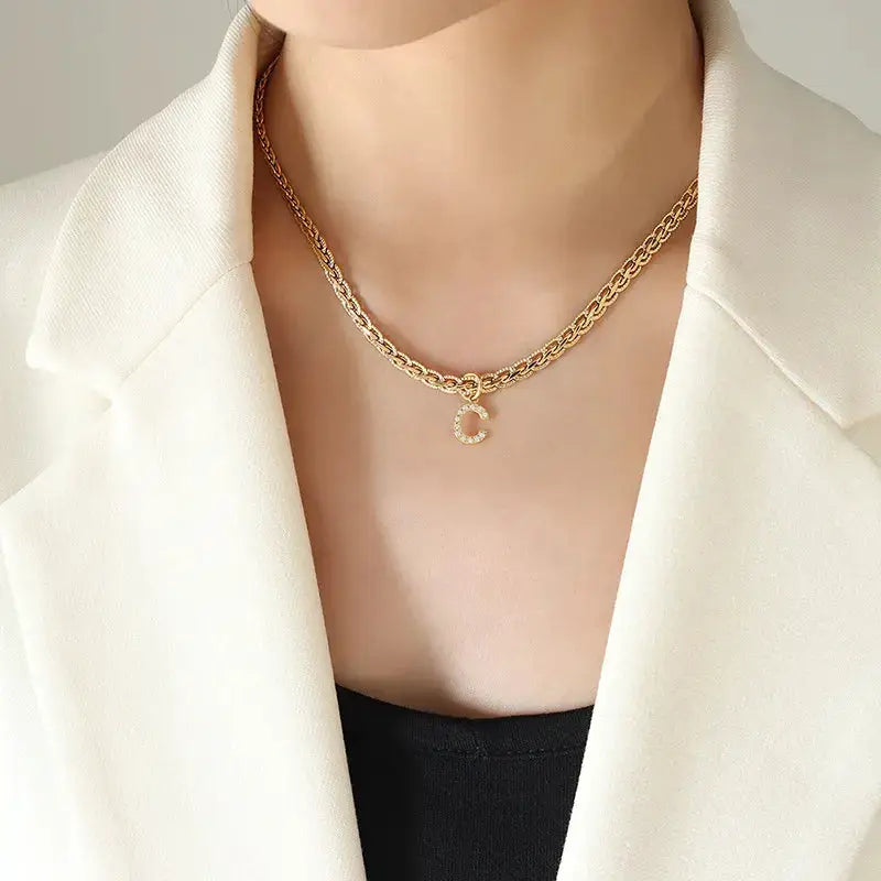 Brass Inlaid Zircon Letter Pendant Necklace by Trendsi