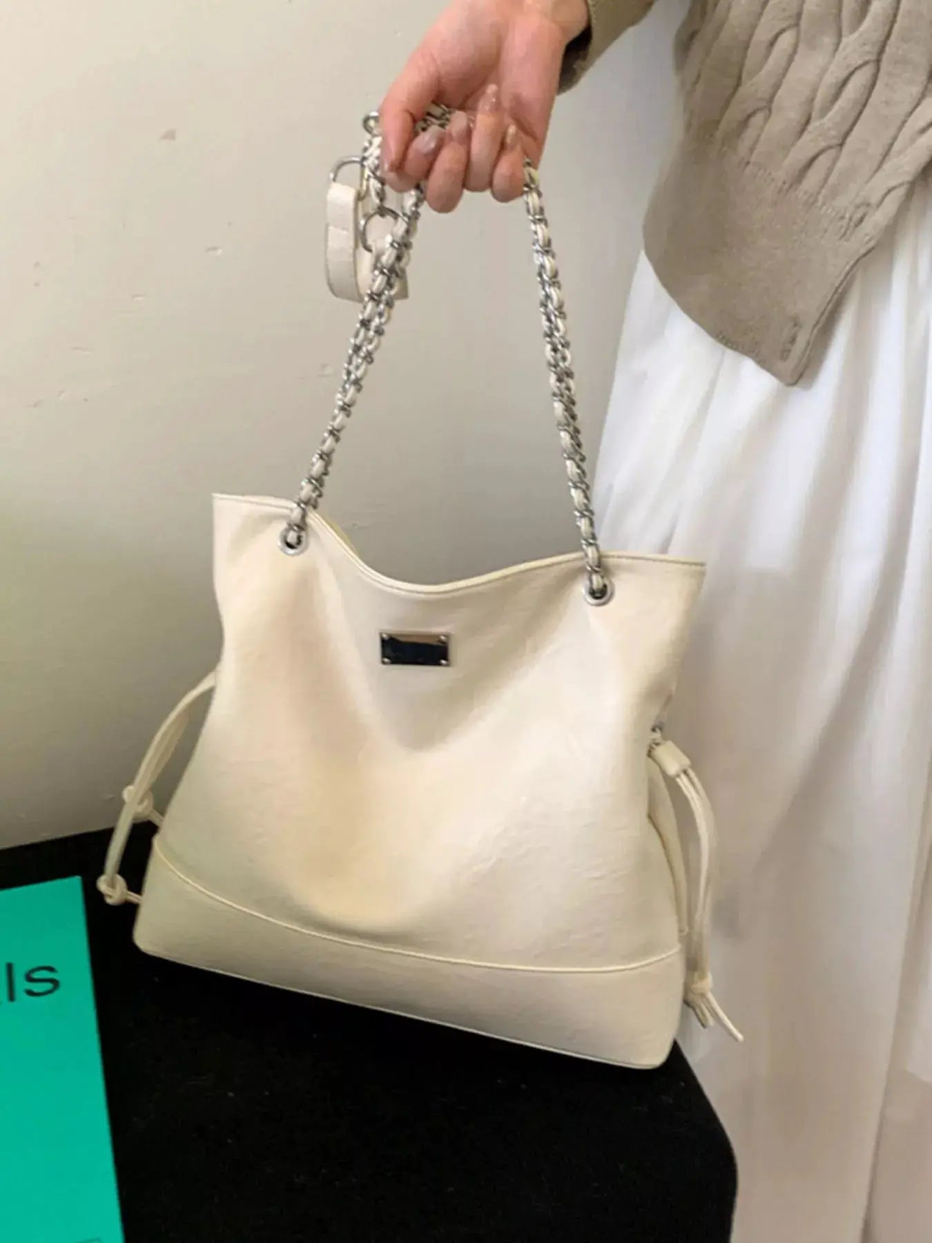 Chain Strap Faux Leather Tote Bag by Trendsi