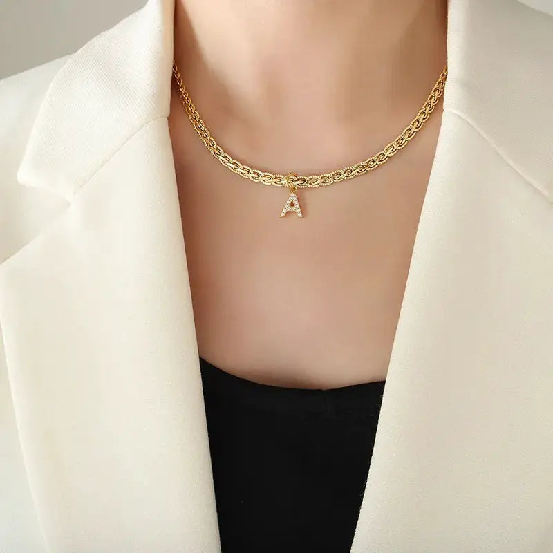 Brass Inlaid Zircon Letter Pendant Necklace by Trendsi
