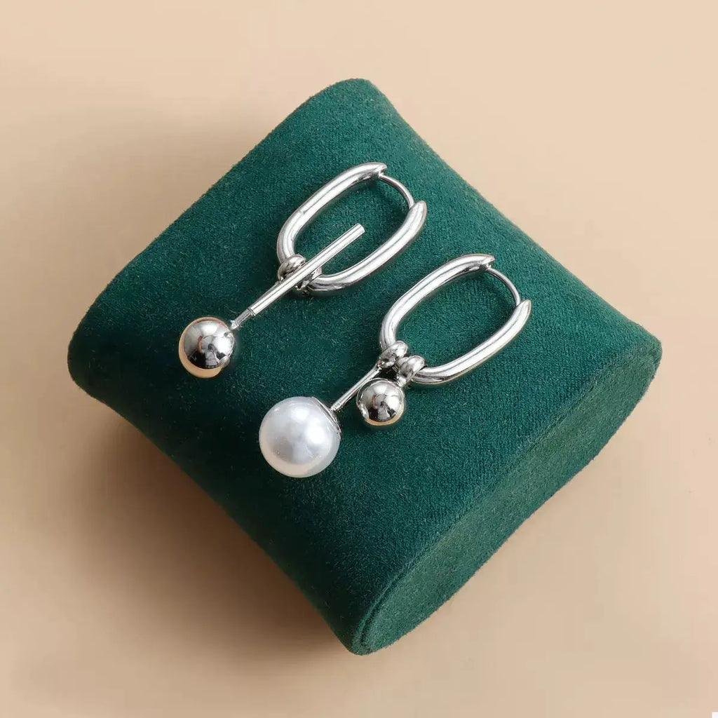 Asymmetrical Pearl Drop Hoop Earrings by Trendsi