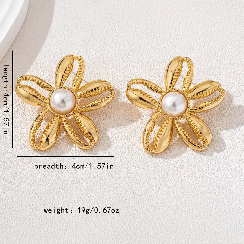 18K Gold-Plated Gold Flower Synthetic Pearl Stud Earrings by Trendsi