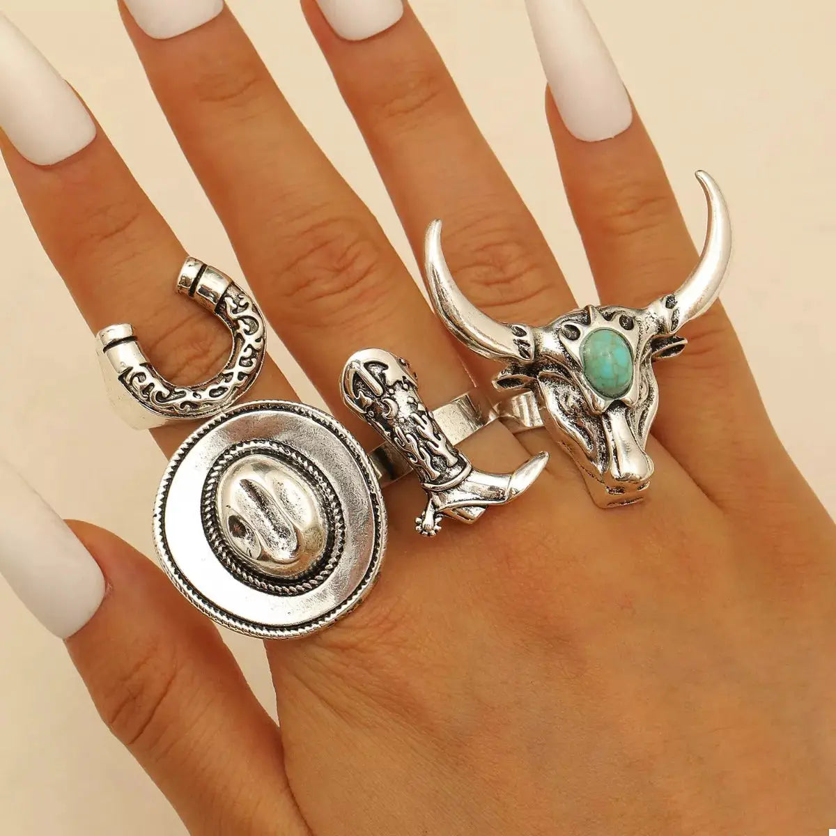 4 Piece Vintage Western Style Bull Head Rings by Trendsi