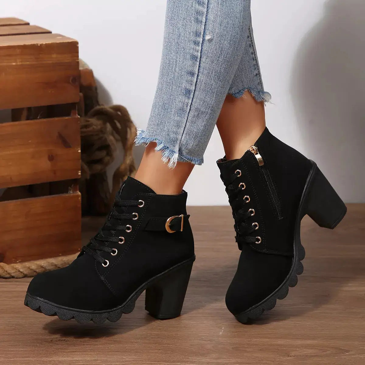 Lace-Up Buckle Chunky Heel Ankle Boots by Trendsi