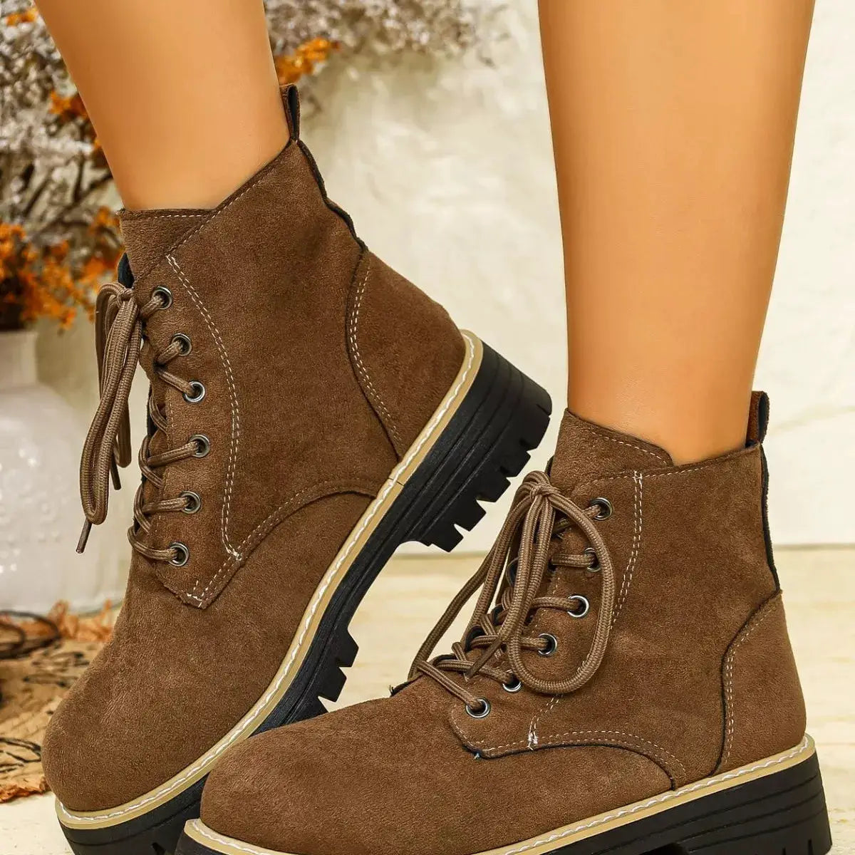 Round Toe Lace Up Boots by Trendsi