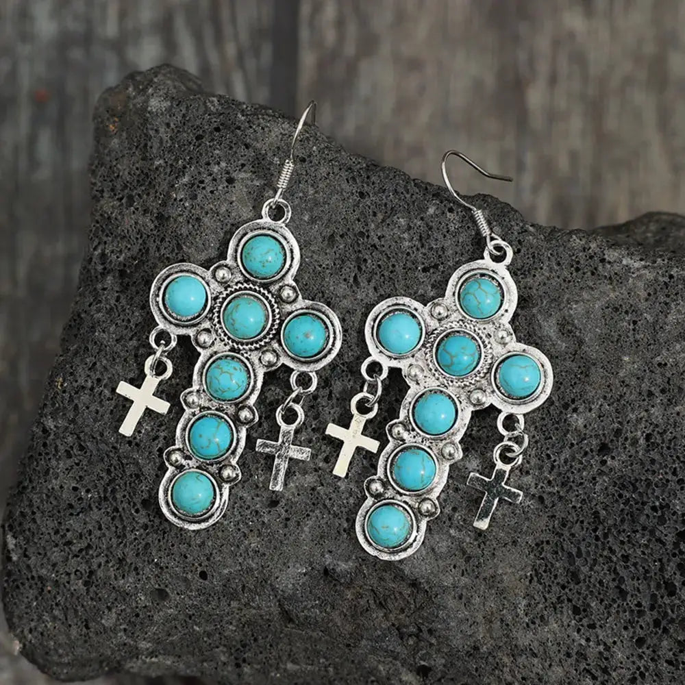 Artificial Turquoise Cross Shape Earrings by Trendsi