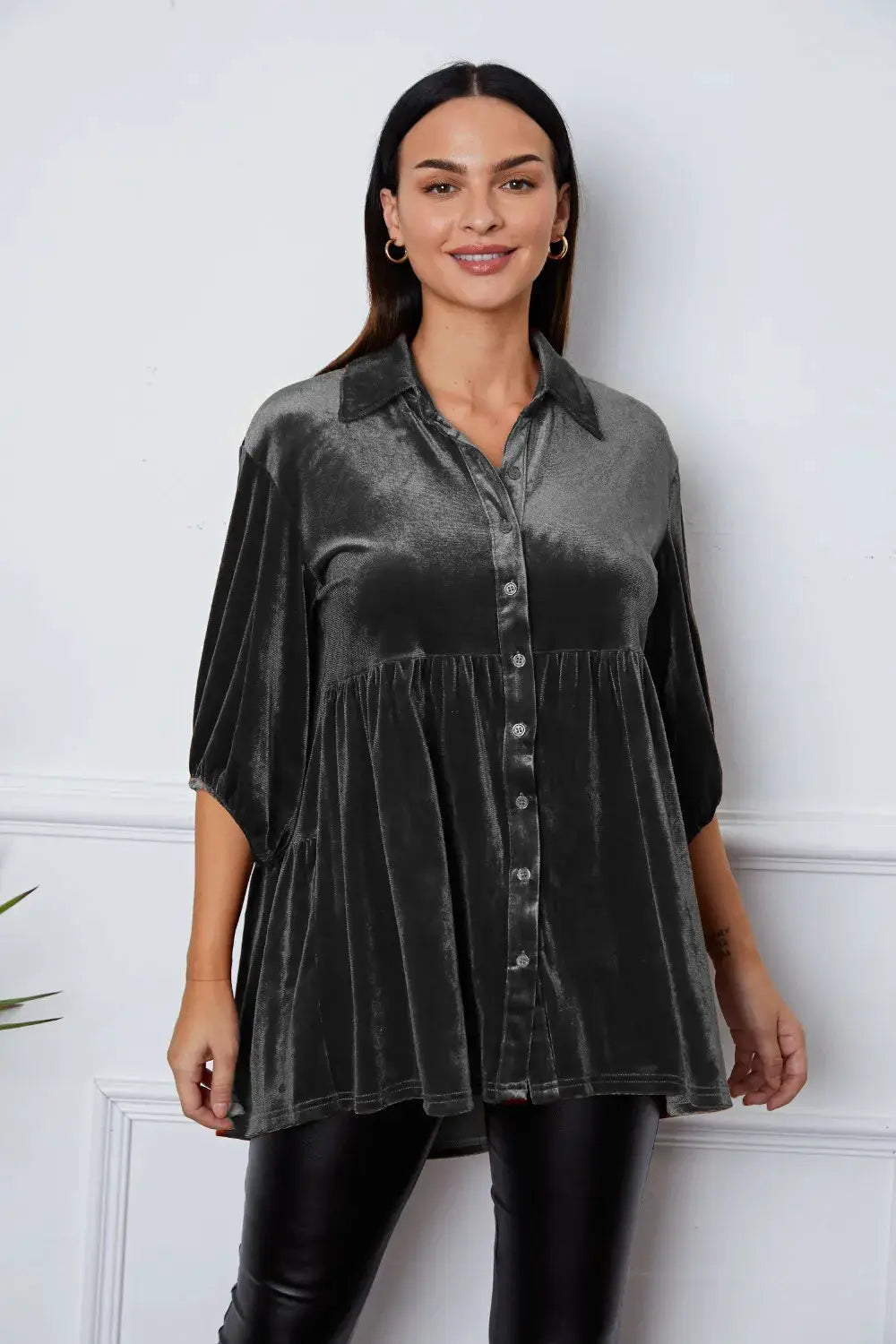 Velvet Tiered Button Up Collared Neck Shirt by Trendsi