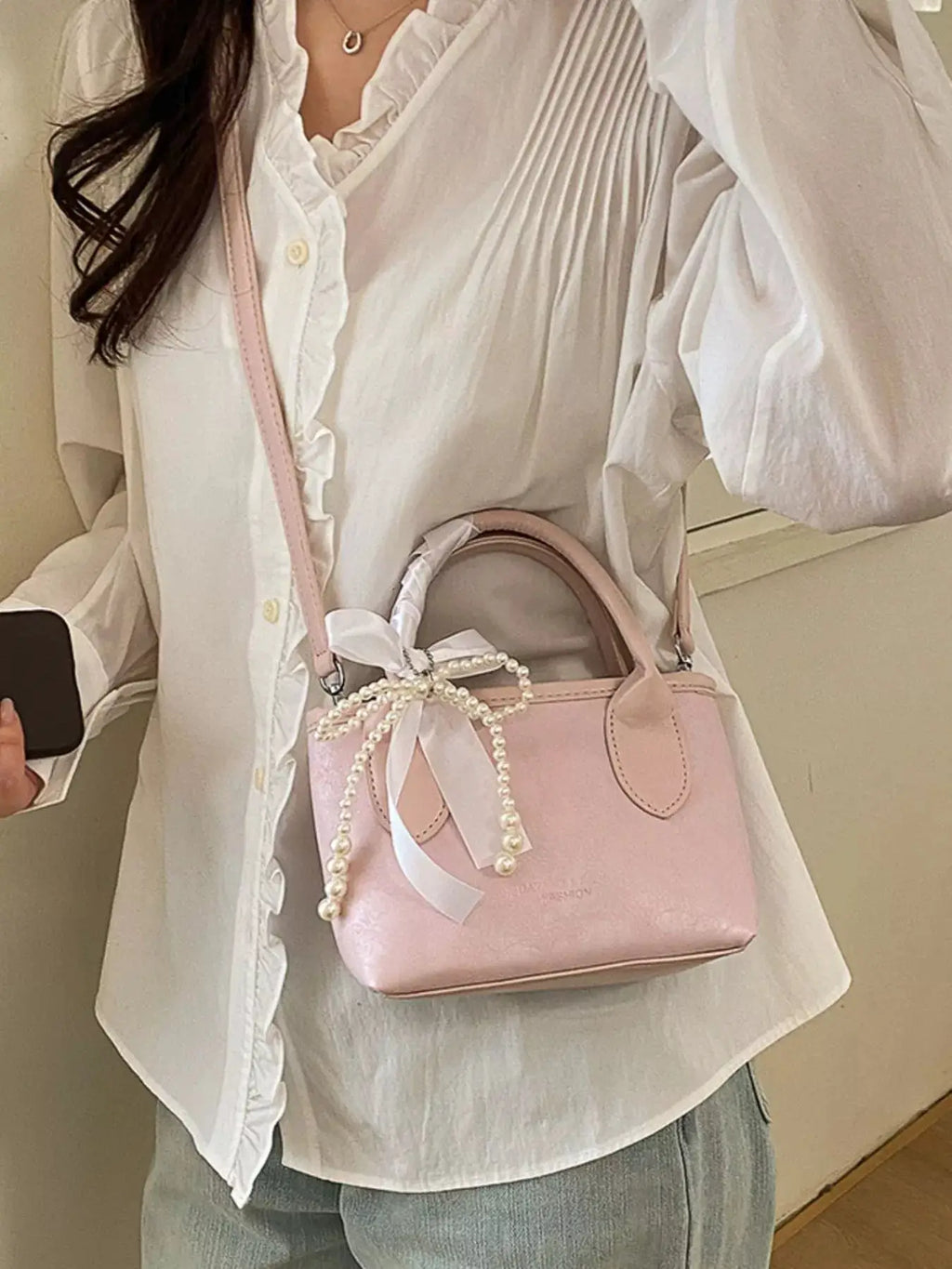 Pearl Bow Charm Crossbody Bag by Trendsi