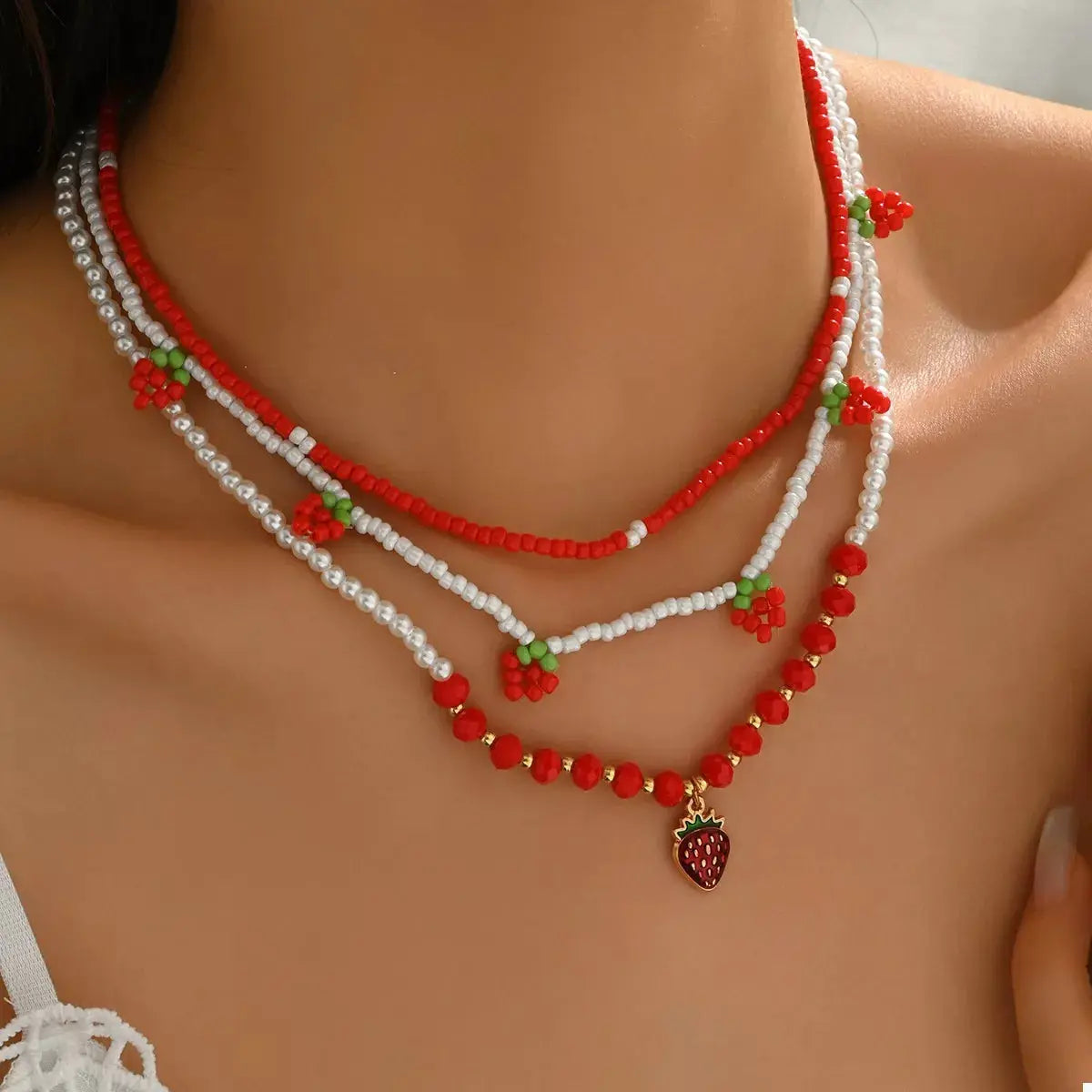 3 Piece Beaded Strawberry Necklace by Trendsi