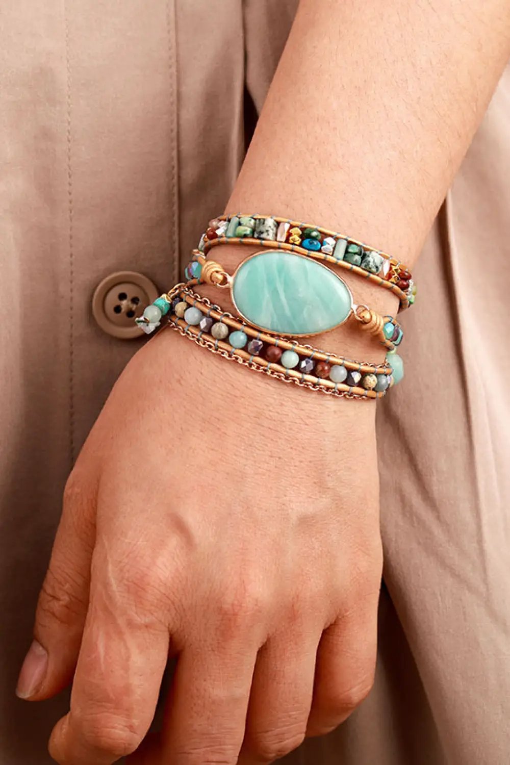 Handmade Natural Stone Beaded Triple Layer Bracelet by Trendsi