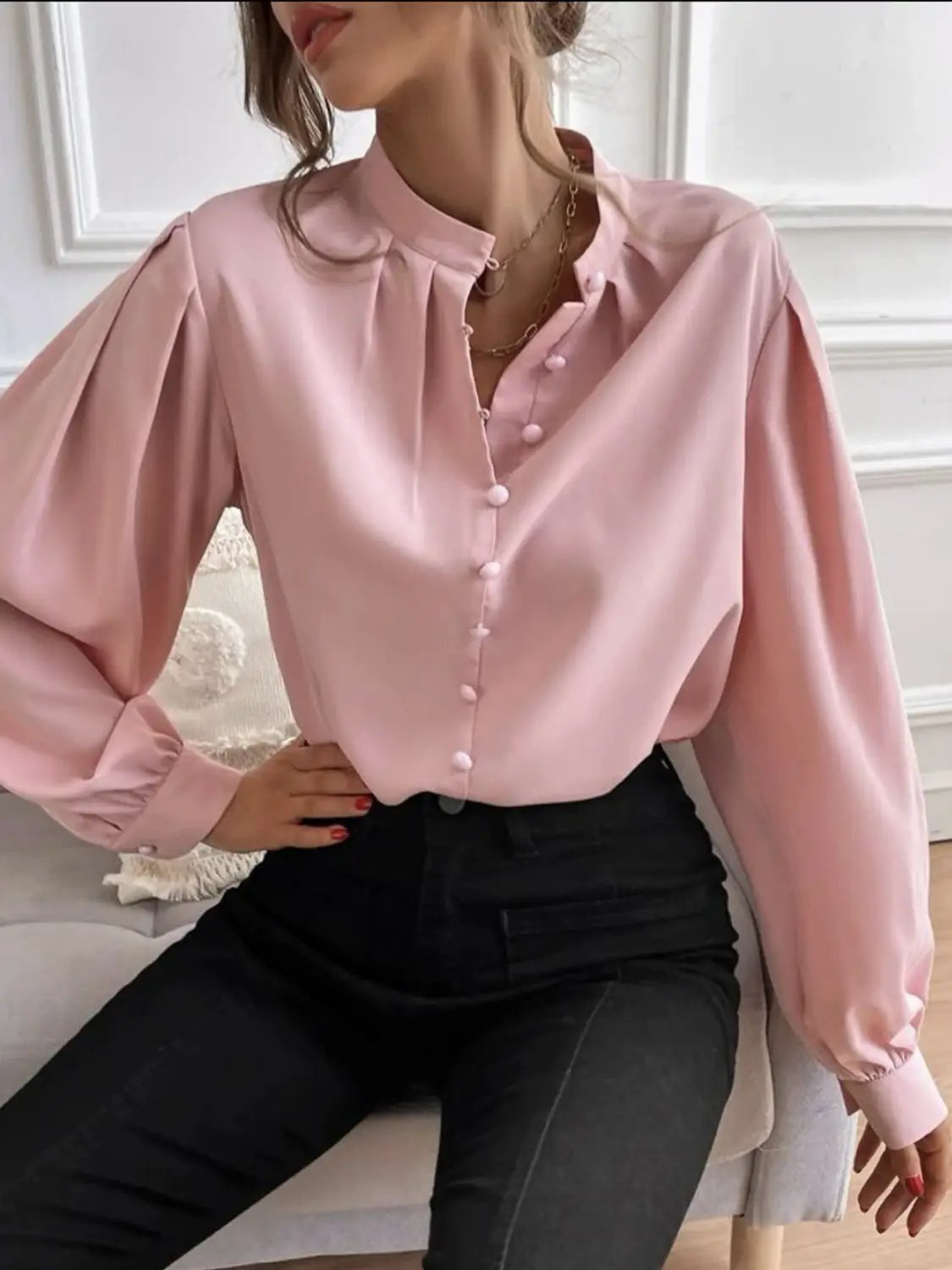 Mock Neck Button Front Shirt by Trendsi