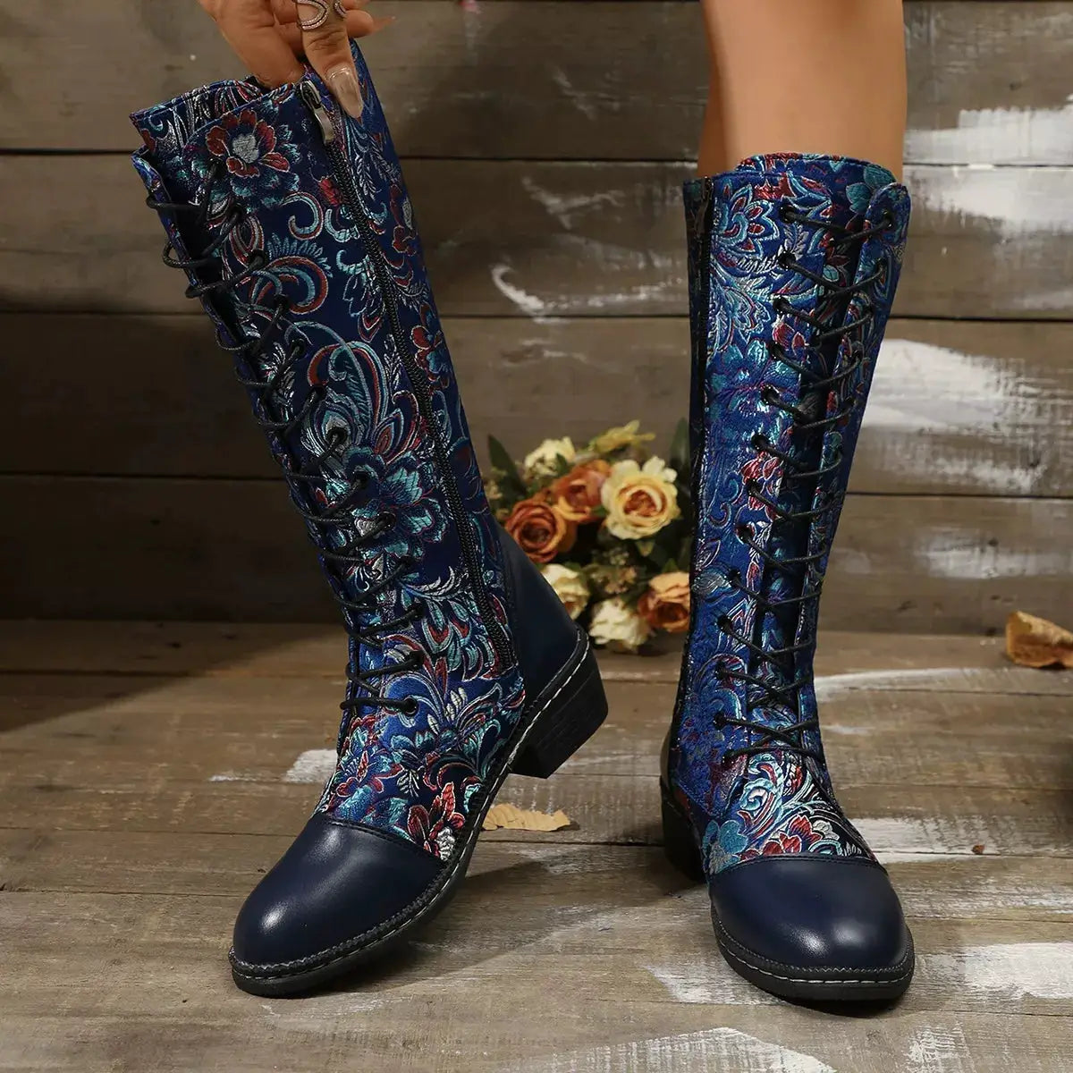 Embroidered Lace-Up Block Heel Boots by Trendsi