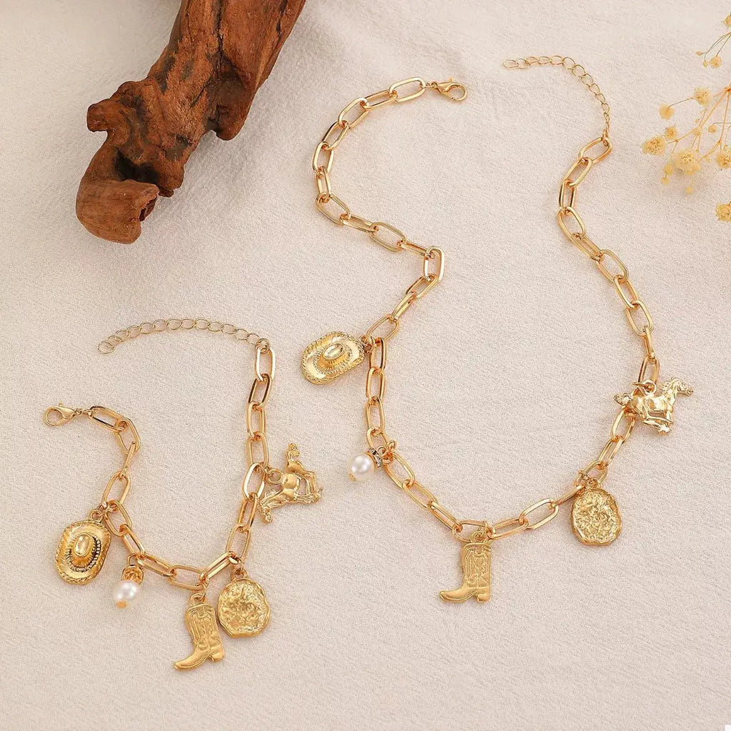 18K Gold-Plated Charm Necklace and Bracelet Jewelry Set by Trendsi
