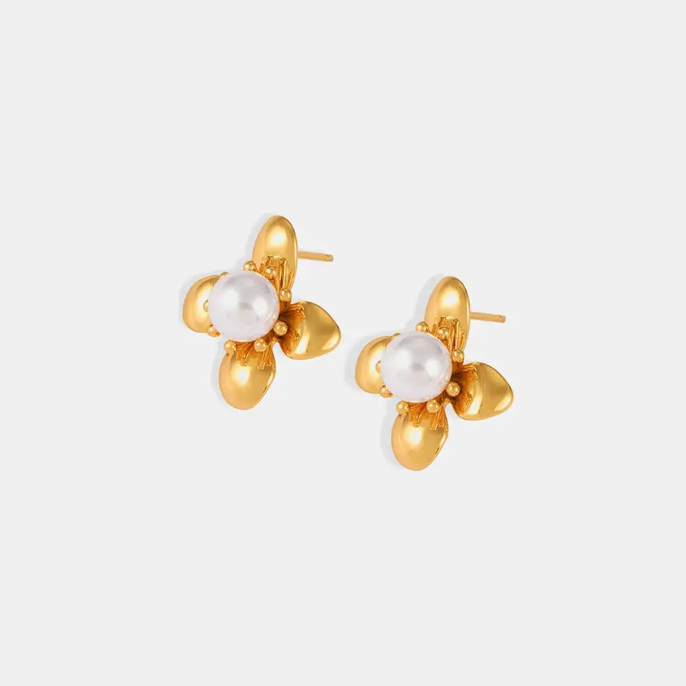 Synthetic Pearl Titanium Steel Flower Earrings by Trendsi