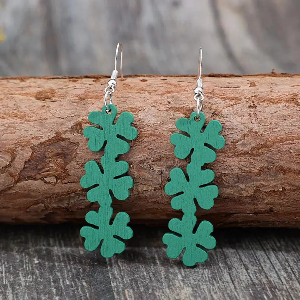 Lucky Clover Wooden Dangle Earrings by Trendsi