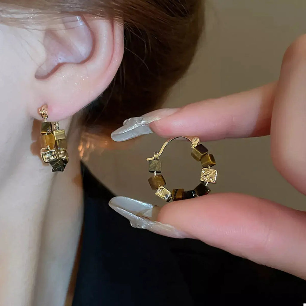 Tiger's Eye 18K Gold-Plated Copper Geometric Earrings by Trendsi