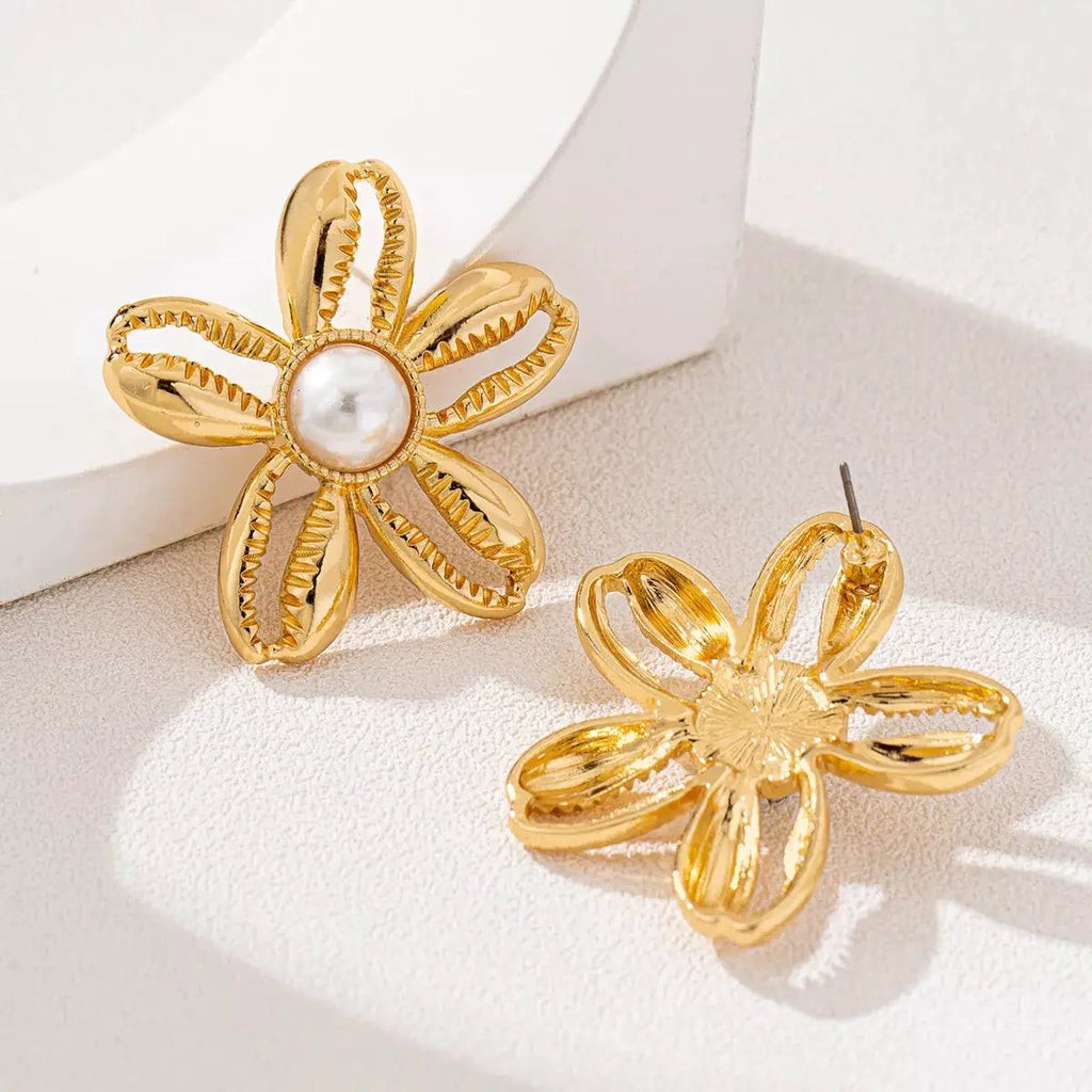 18K Gold-Plated Gold Flower Synthetic Pearl Stud Earrings by Trendsi