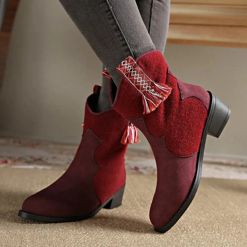 Suede Point Toe Block Heel Boots by Trendsi
