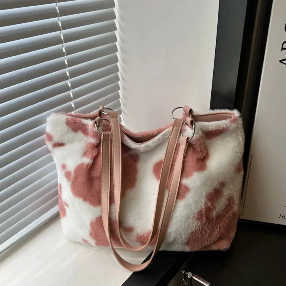 Cow Print Furry Tote Bag by Trendsi