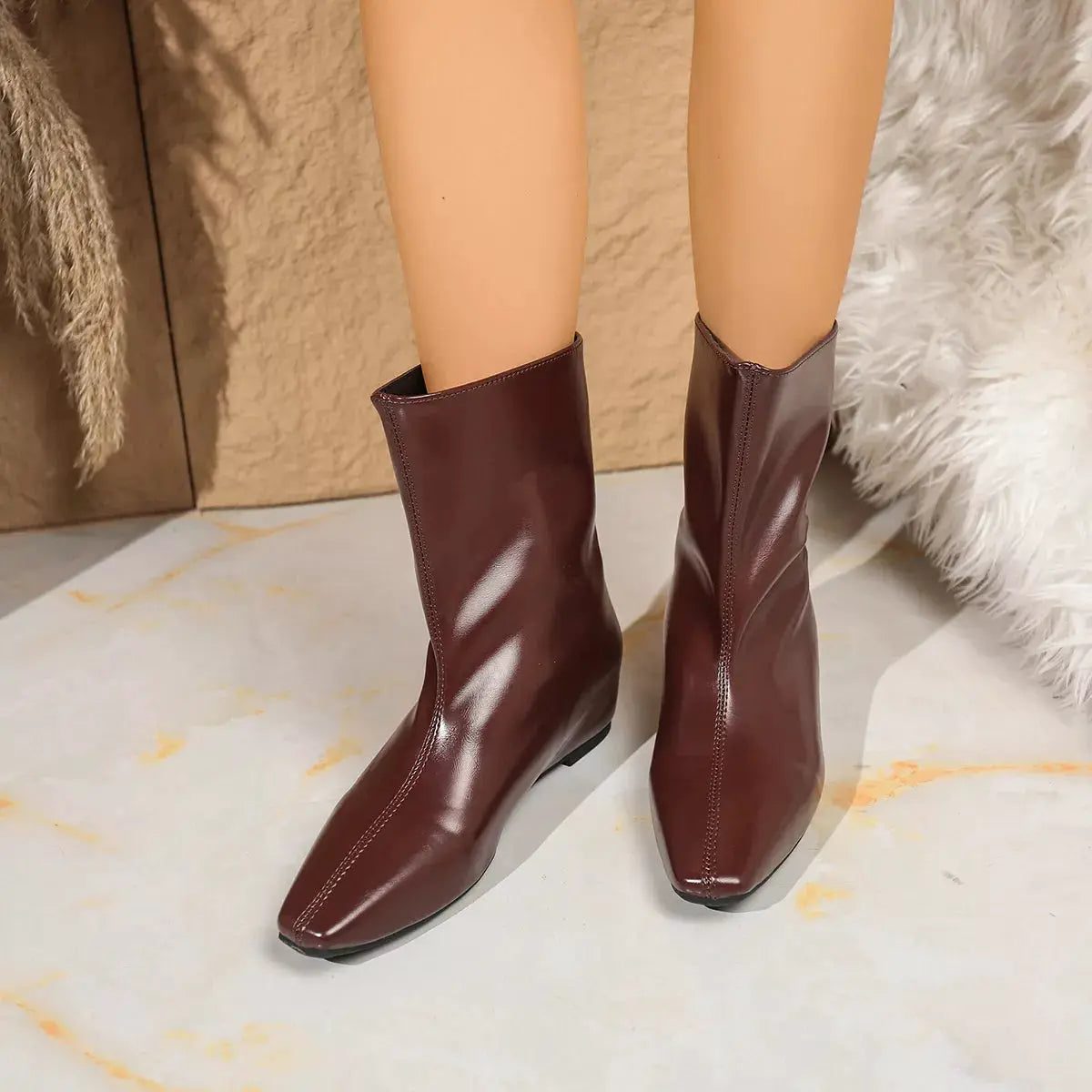 Point Toe Leather Boots by Trendsi